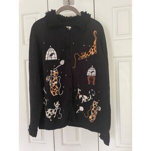 All Points Reference Black Applique Felt Cat Cardigan Sweater Collared Beaded M